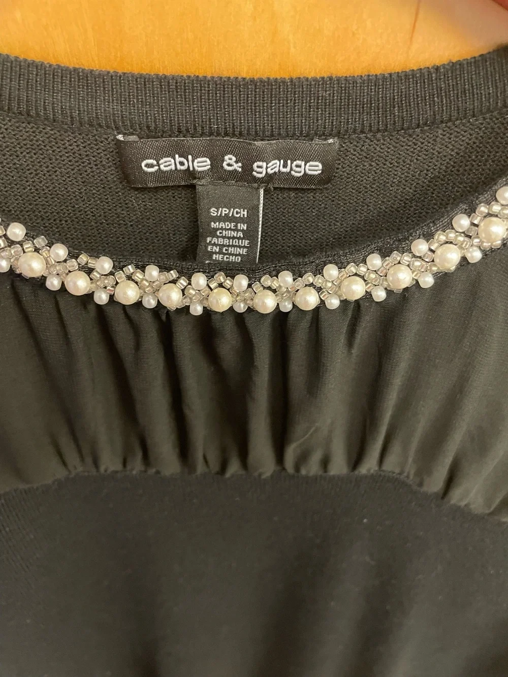 Cable & Gauge Black Beaded Chiffon Yoke 3/4 Sleeve Sweater Small